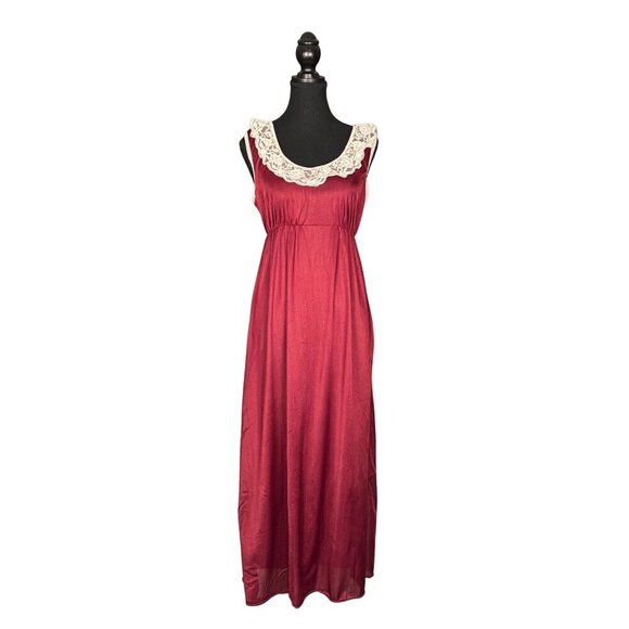 Vintage 80s Burgundy Midi Slip Dress, Lace Neckline, Nylon Satin, Whimsigoth - Picture 1 of 8